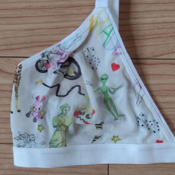 Parade White Summer Doodle Print Silky Mesh Triangle Bralette Size Large - Picture 3 of 12